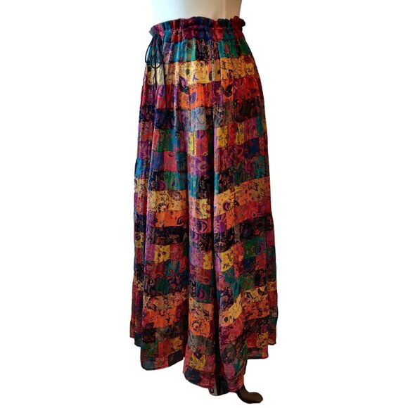Vintage Boho Womens M/L? Patchwork Tiers Semi Sheer Lightweight Maxi Skirt Flaw - Picture 2 of 11